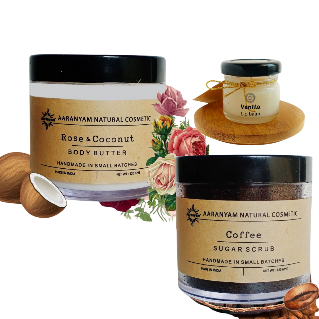 Indulgent Spa Hamper: Awsom Gift set for any Occassion "-Containing the Coffee sugar scrub, Coco-Vanilla Body Butter & Coco-Vanilla Lip balm. Gifts for Women-Men