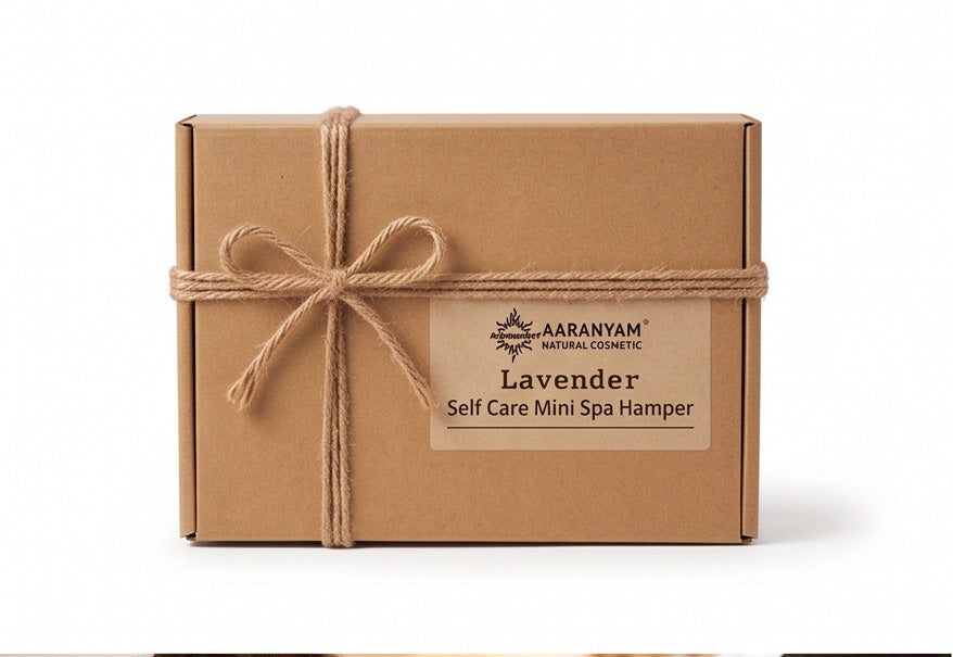 Lavender Self Care Mini Spa Hamper in eco-friendly kraft box with twine bow, natural cosmetic gift set