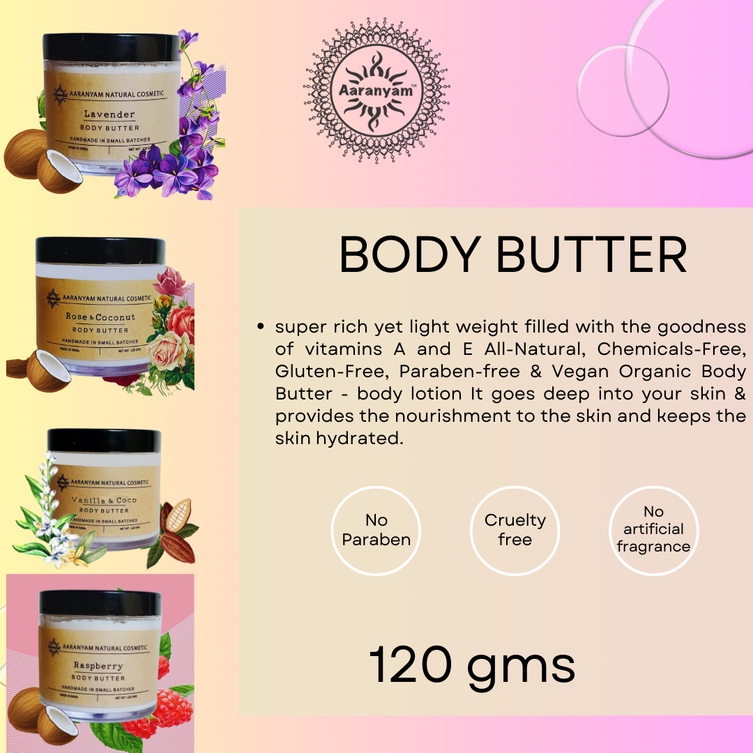 Aaranyam Raspberry Body Butter moisturizer cream - dry skin moisturizer with goodness of shea butter raw cocoa butter - Body Cream - winter cream For Women & Men, 120 g