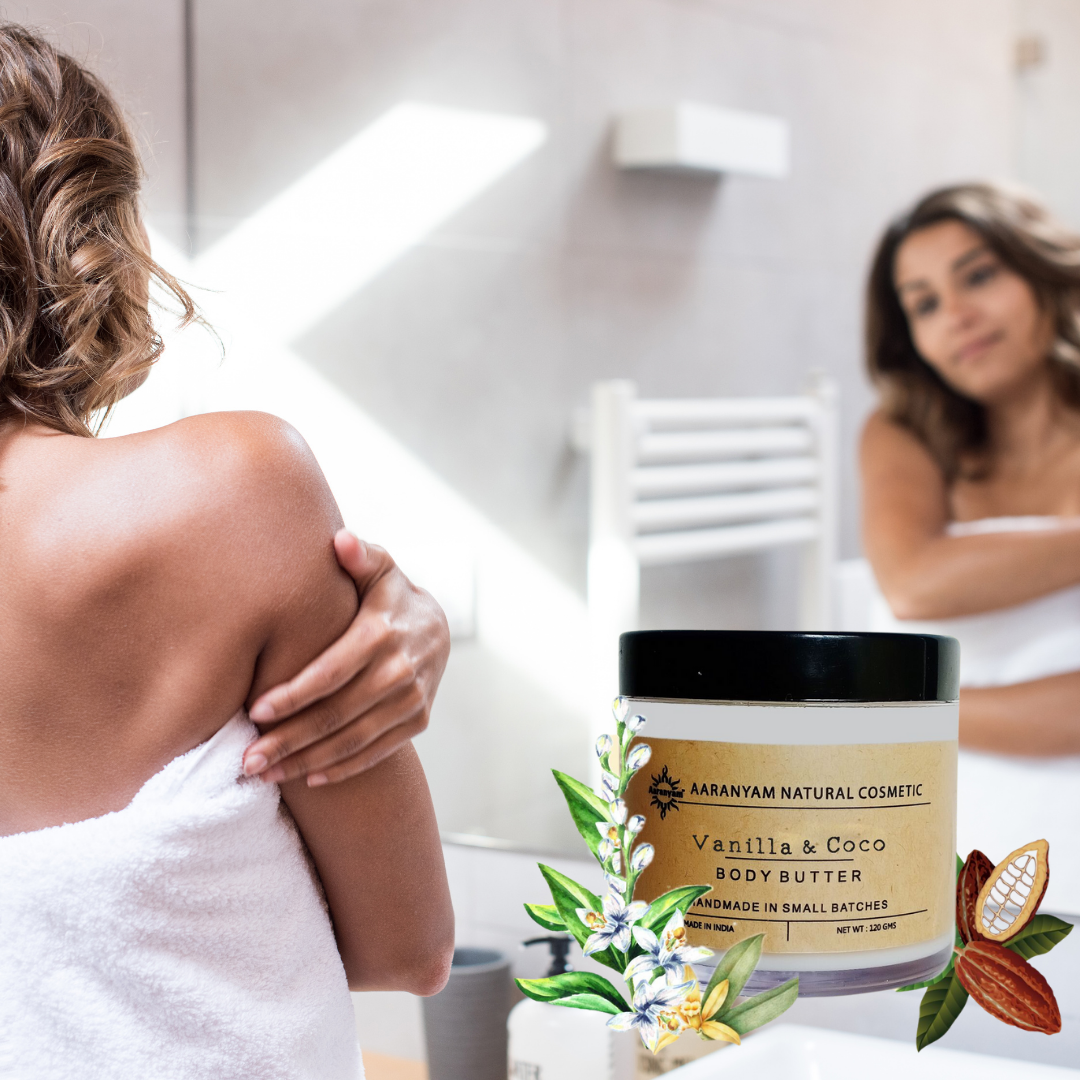 Aaranyam | Vanilla & Coconut Body Butter moisturizer cream - dry skin moisturizer with goodness of shea butter raw cocoa butter - Body Cream - winter cream For Women & Men, 120 g