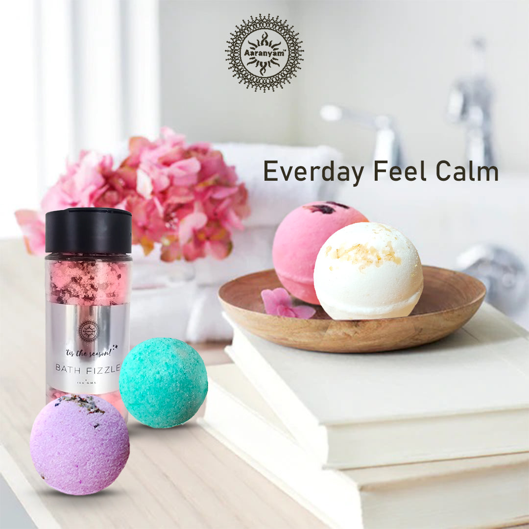 Zen Spa gift set for women _ Bath Bomb -Rose, Oats, Lavender , Jasmin 75 gms each with bath Fizzle (pink salt, Epsom salt dry rose petals ) |Refreshing hot water bath hydrating