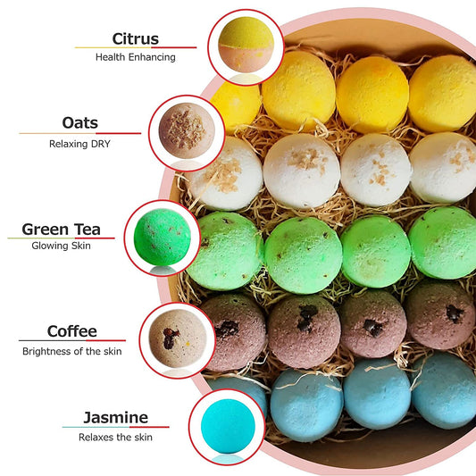 Bath Bomb - Green tea, Coffee, Jasmine, Oats, Citurs |Refreshing hot water bath hydrating moisturizing enchanting Fizzy Aromatic Bath Bomb ( 75 g) each - Pack of 20