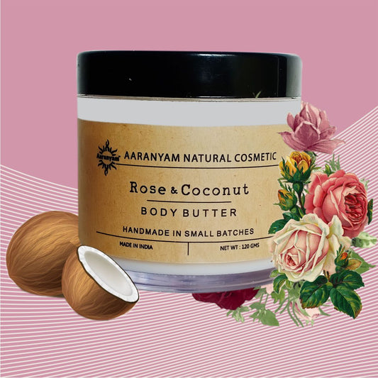 Aaranyam Rose & Coconut Body Butter moisturizer cream - dry skin moisturizer with goodness of shea butter raw cocoa butter - Body Cream - winter cream For Women & Men, 120 g