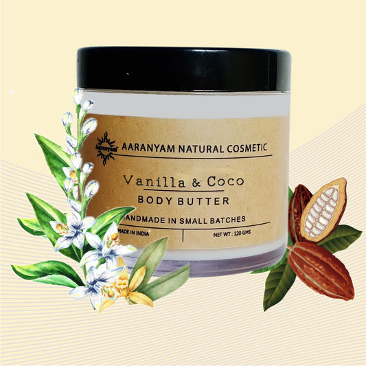 Aaranyam | Vanilla & Coconut Body Butter moisturizer cream - dry skin moisturizer with goodness of shea butter raw cocoa butter - Body Cream - winter cream For Women & Men, 120 g