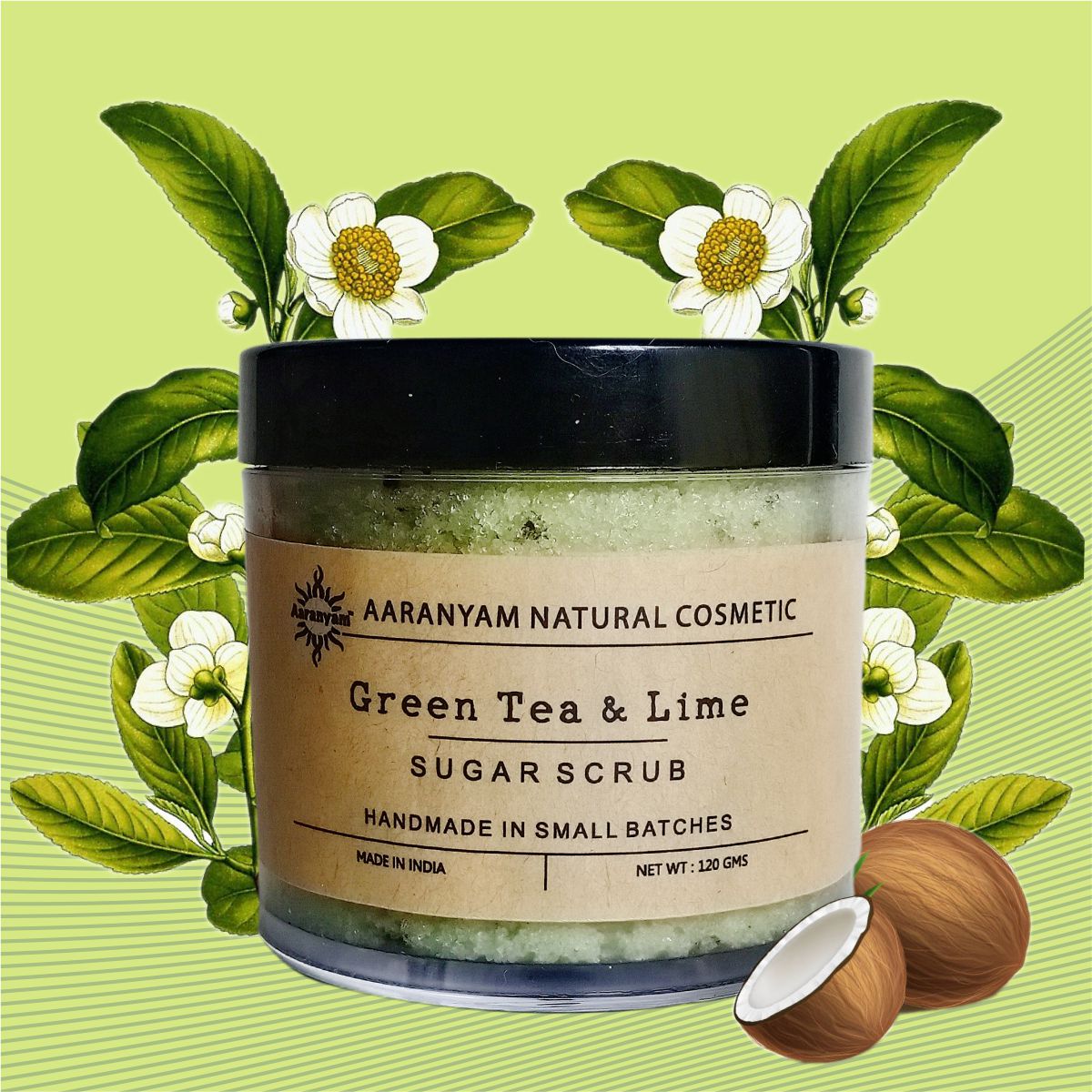 Aaranyam | Organic Natural | Green Tea & Lime Refreshing Sugar Scrub Men-Women, Boys-Girls-120 grams each