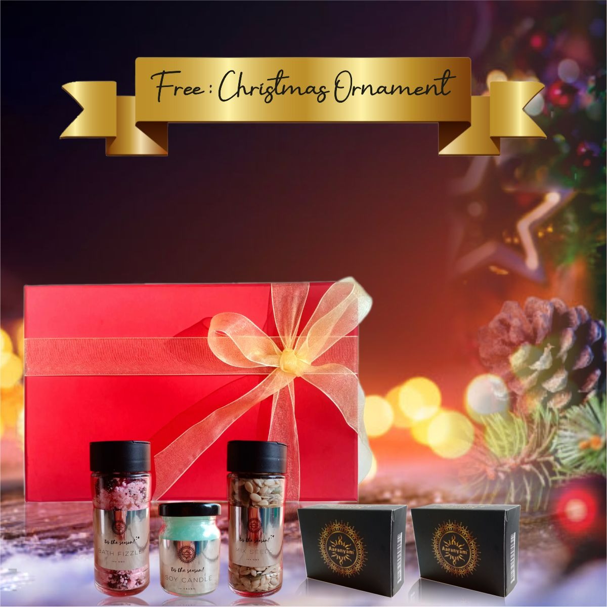Christmas Gift Box with Bubble fizzle, Handmade organic soaps, Mix seeds, 100% soy scented candle Christmas Gifts for Women 6 and Men – Luxury Bath Gift Set - Home Spa Gift- FREE CHRISTMAS DECORATION