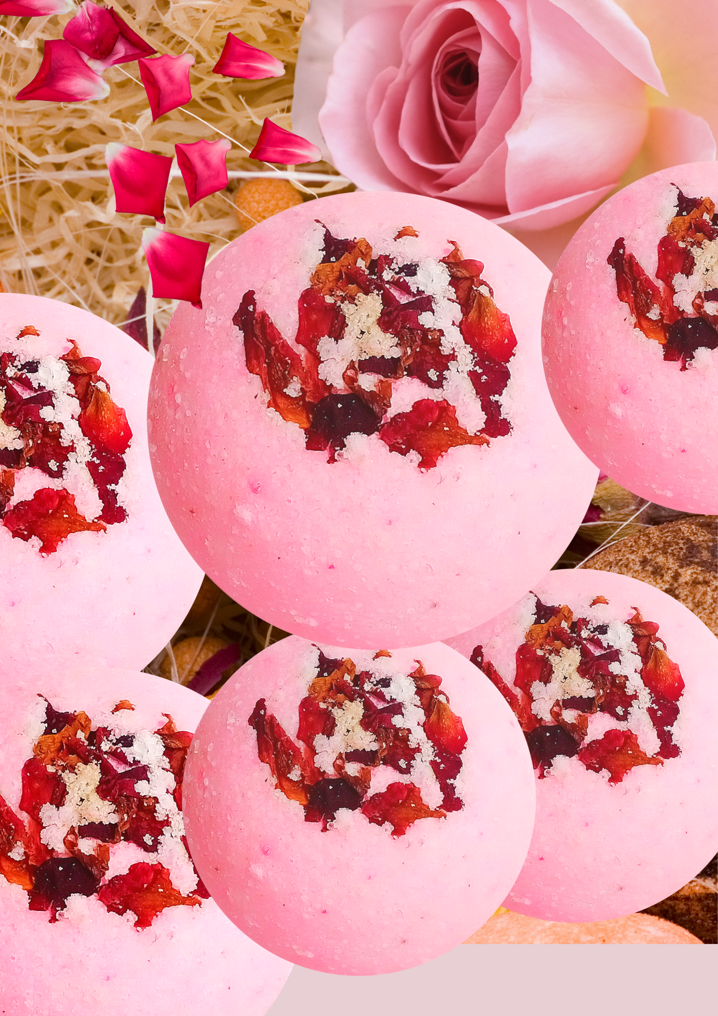 Romantic Rose Petals Fizzy Aromatic Bath Bomb (75g Each) - Pack of - 6 Refreshing hot water bath hydrating moisturizing enchanting rose