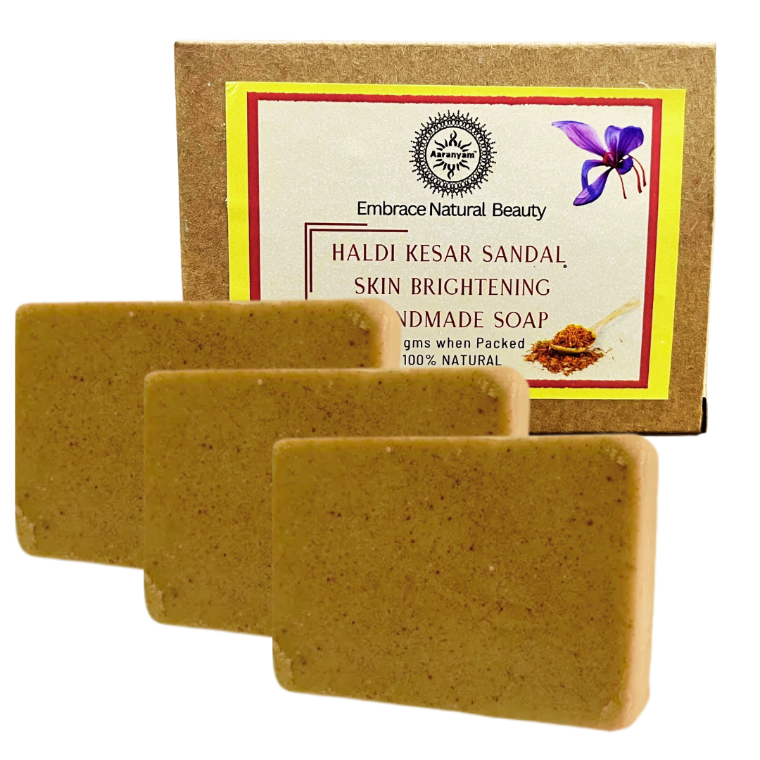 Aaranyam Haldi Chandan & Kesar Handmade Bath Soap (300 Gms Pack Of 3) Turmeric, Sandalwood & Saffron Magic Soaps For Bath | Paraben Free | | Handmade Soaps For Men & Women