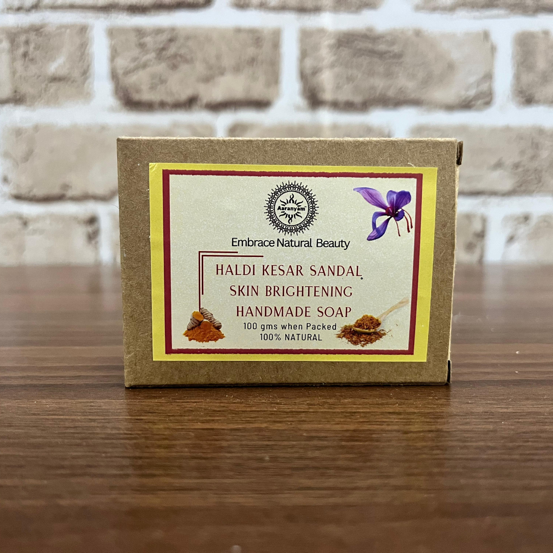 Aaranyam Haldi Chandan & Kesar Handmade Bath Soap (300 Gms Pack Of 3) Turmeric, Sandalwood & Saffron Magic Soaps For Bath | Paraben Free | | Handmade Soaps For Men & Women