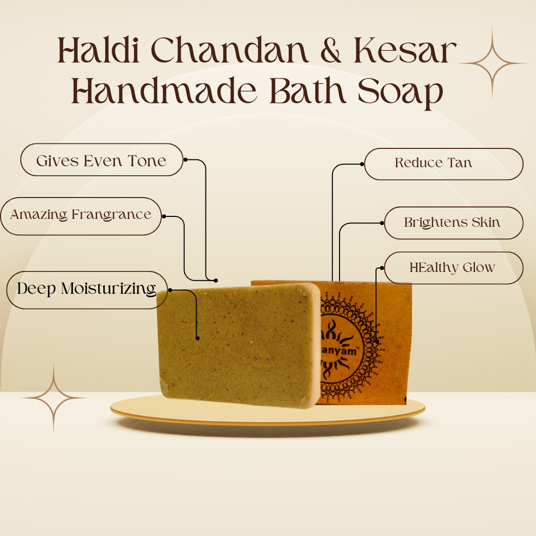 Aaranyam Haldi Chandan & Kesar Handmade Bath Soap (300 Gms Pack Of 3) Turmeric, Sandalwood & Saffron Magic Soaps For Bath | Paraben Free | | Handmade Soaps For Men & Women