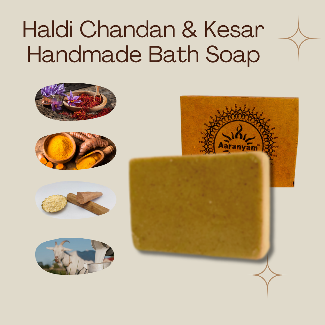 Aaranyam Haldi Chandan & Kesar Handmade Bath Soap (300 Gms Pack Of 3) Turmeric, Sandalwood & Saffron Magic Soaps For Bath | Paraben Free | | Handmade Soaps For Men & Women