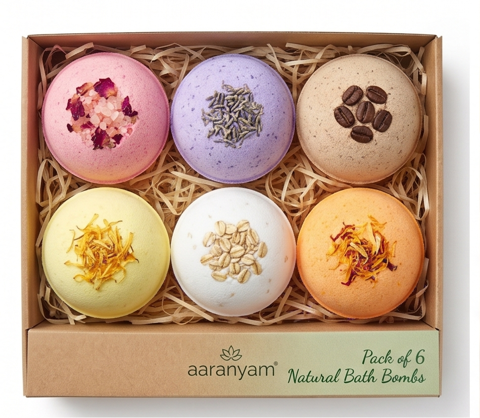6-Piece Botanical Bath Fizzer Collection – Essential Oil Infused Self-Care Kit for Stress Relief- Rose Petals, Coffee, Calendula, Oats, Pink Salt, Lavender | Hydrating Bliss for Relaxing Hot Water Baths (75 g Each), Pack of 6