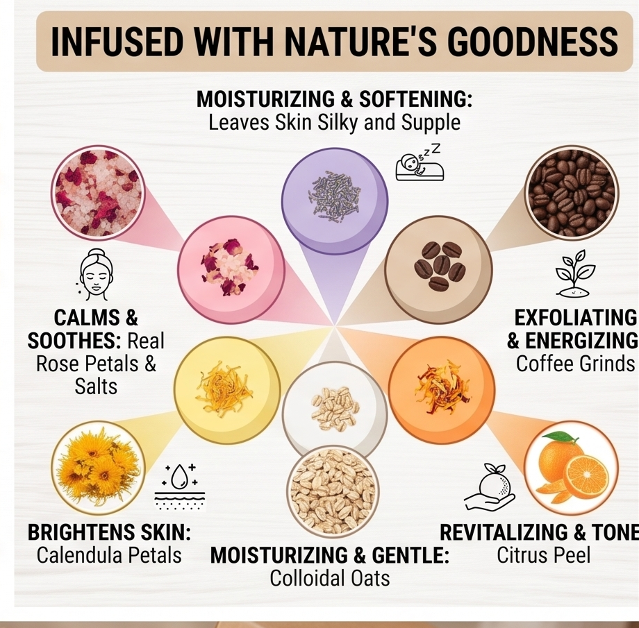 6-Piece Botanical Bath Fizzer Collection – Essential Oil Infused Self-Care Kit for Stress Relief- Rose Petals, Coffee, Calendula, Oats, Pink Salt, Lavender | Hydrating Bliss for Relaxing Hot Water Baths (75 g Each), Pack of 6