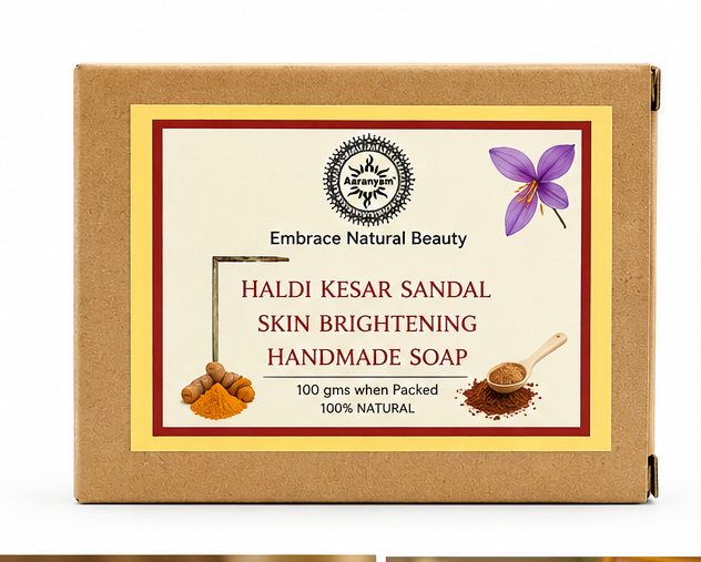 Aaranyam Haldi Chandan Kesar Handmade Bath Soap (Pack of 3, 300g) - Ayurvedic Cold Process Skin Brightening Soap for Natural Glow, Tan Removal & Blemish Control - Sulfate & Paraben Free