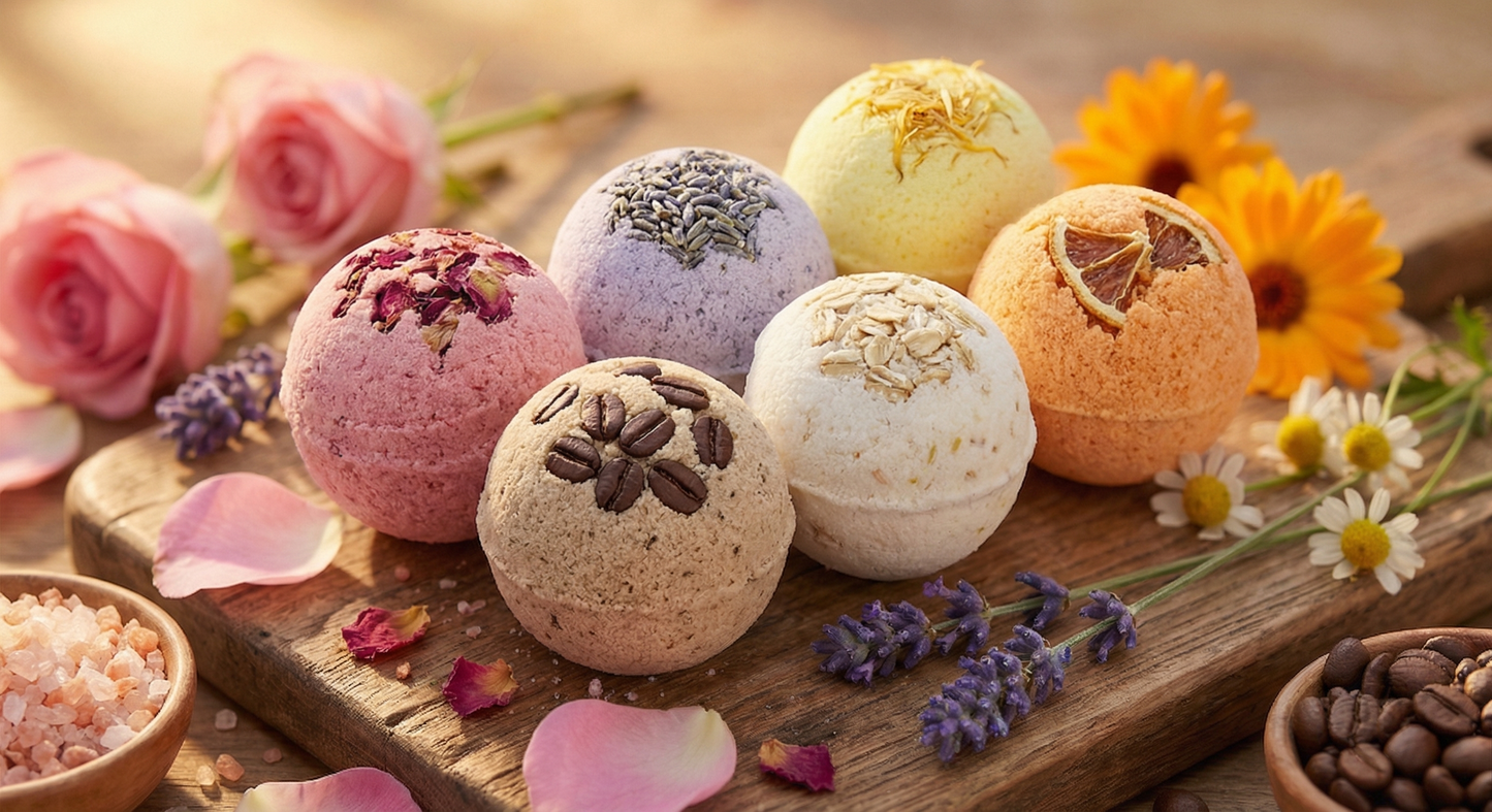6-Piece Botanical Bath Fizzer Collection – Essential Oil Infused Self-Care Kit for Stress Relief- Rose Petals, Coffee, Calendula, Oats, Pink Salt, Lavender | Hydrating Bliss for Relaxing Hot Water Baths (75 g Each), Pack of 6