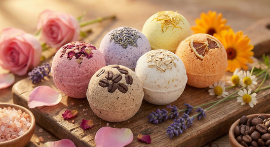 6-Piece Botanical Bath Fizzer Collection – Essential Oil Infused Self-Care Kit for Stress Relief- Rose Petals, Coffee, Calendula, Oats, Pink Salt, Lavender | Hydrating Bliss for Relaxing Hot Water Baths (75 g Each), Pack of 6