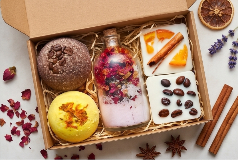 Natural skincare gift set with bath bombs, flower-infused salts, and aromatic soaps