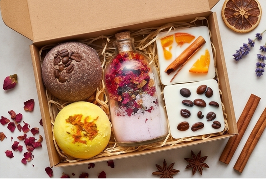 Natural skincare gift set with bath bombs, flower-infused salts, and aromatic soaps