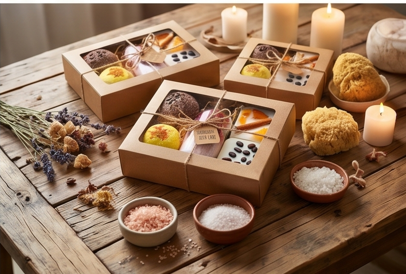 Natural skincare gift sets with bath bombs, salts, and candles on rustic wooden table