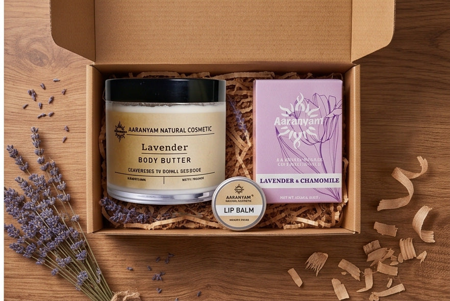 Lavender body butter, lip balm & soap set in eco box with dried lavender — natural skincare essentials