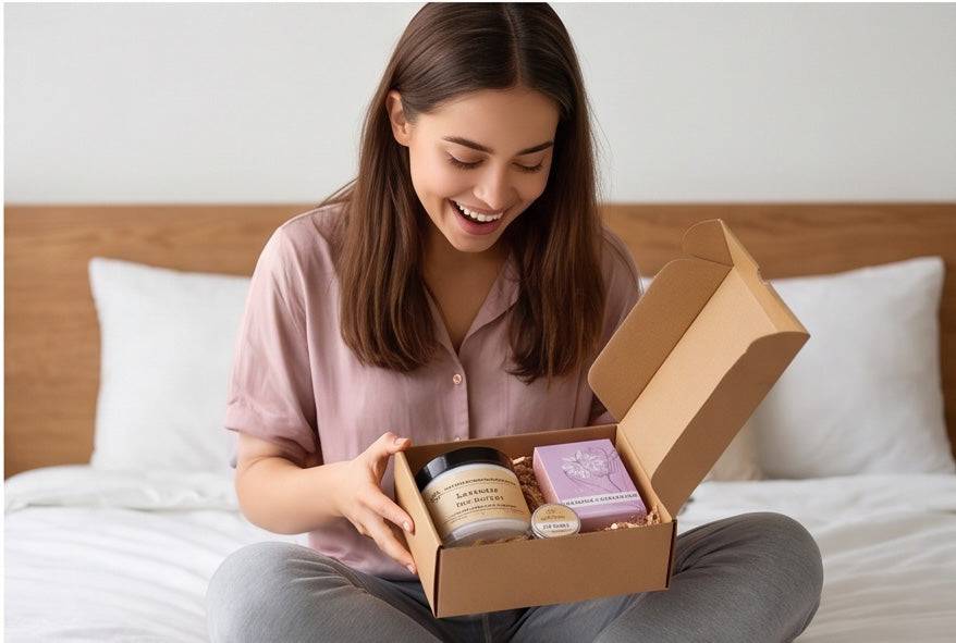 Woman smiling while unboxing natural skincare products on bed