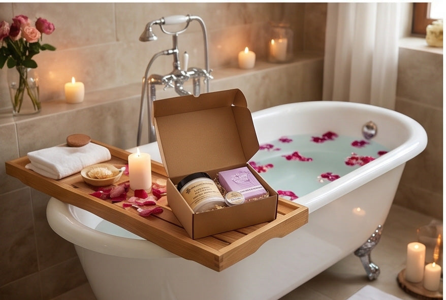 Luxury bath setup with rose petals, candles, and skincare products for natural beauty relaxation