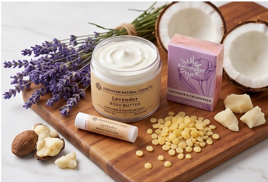 Lavender body butter with natural ingredients like coconut and shea butter for radiant skin care