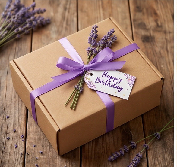 Elegant gift box with purple ribbon and lavender, perfect for birthdays