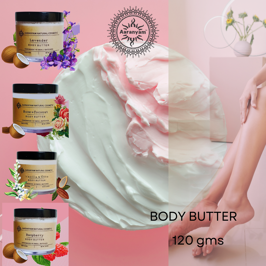 Aaranyam Rose & Coconut Body Butter moisturizer cream - dry skin moisturizer with goodness of shea butter raw cocoa butter - Body Cream - winter cream For Women & Men, 120 g