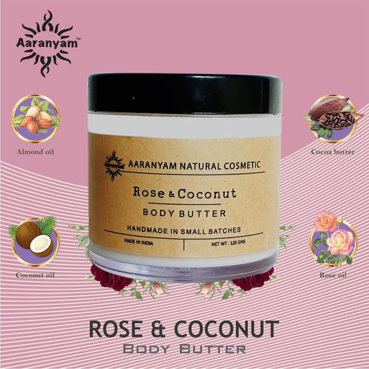 Aaranyam Rose & Coconut Body Butter moisturizer cream - dry skin moisturizer with goodness of shea butter raw cocoa butter - Body Cream - winter cream For Women & Men, 120 g