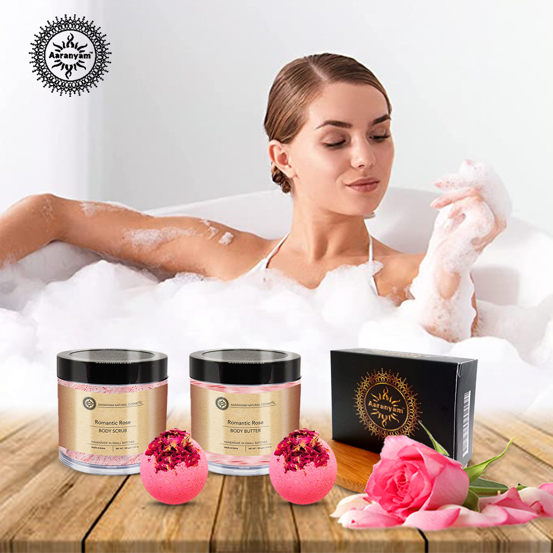 Romantic Rosebath bomb, Handmade organic soaps, Body butter, Sugar Scrub, wooden soap dish – Luxury Bath - Home Spa Gift Set Rakhi Hamper