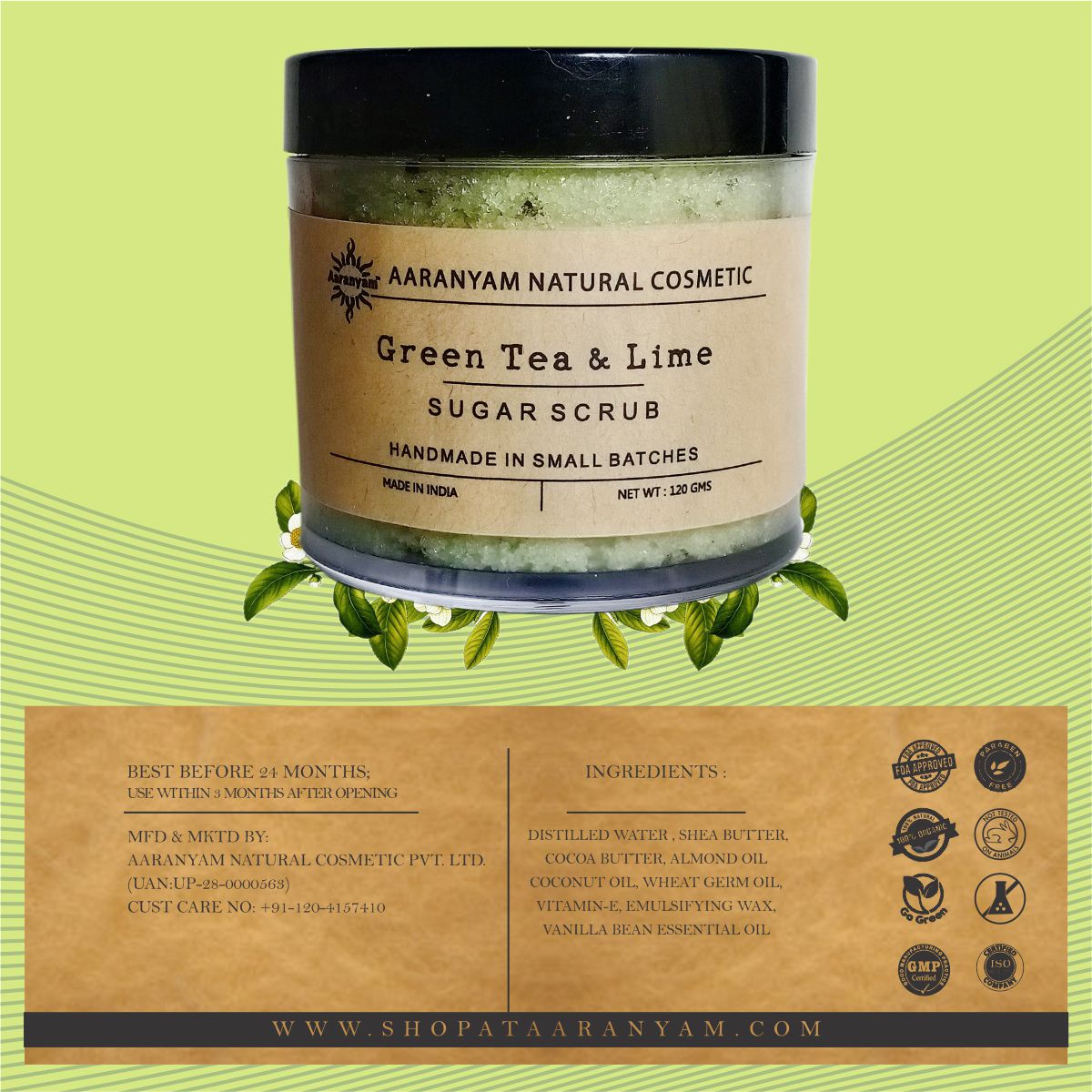Aaranyam | Organic Natural | Green Tea & Lime Refreshing Sugar Scrub Men-Women, Boys-Girls-120 grams each