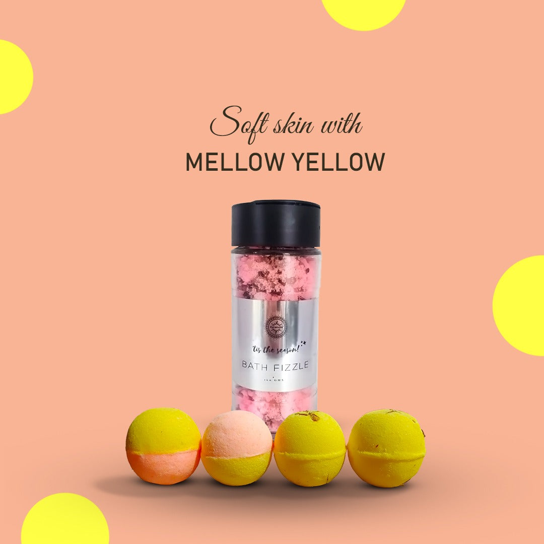 Mallow Yellow Spa gift set for women Bath Bomb -Calendula, Citrus & bath Fizzle |Refreshing hot water bath hydrating moisturizing enchanting rose ( 75 g) each pack of 4