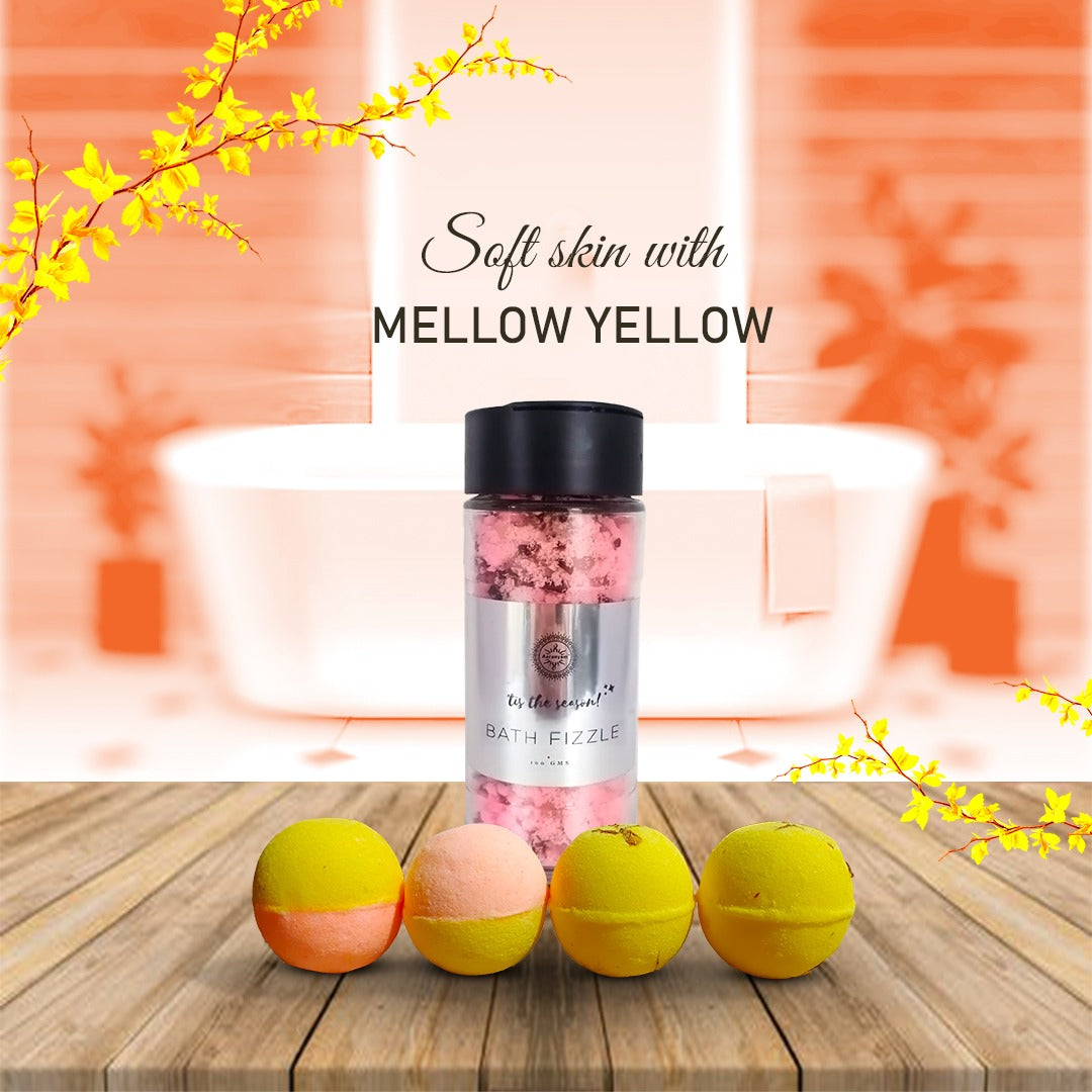 Mallow Yellow Spa gift set for women Bath Bomb -Calendula, Citrus & bath Fizzle |Refreshing hot water bath hydrating moisturizing enchanting rose ( 75 g) each pack of 4